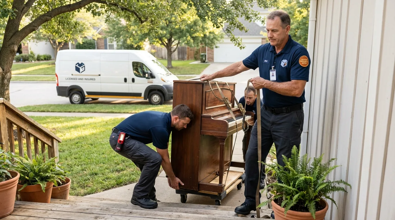 Licensed piano movers securing grand piano in Brentwood, NY