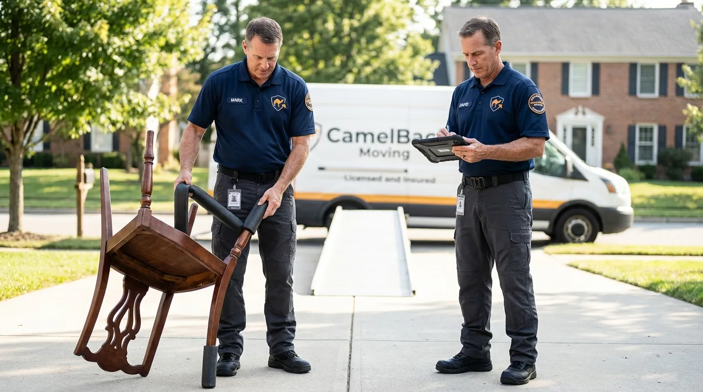 Movers inspecting furniture for damage prevention before loading in Brentwood, NY