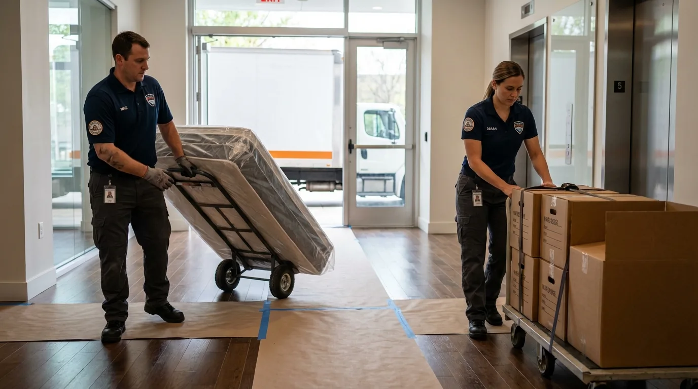 Professional apartment movers loading elevator in Brentwood, NY
