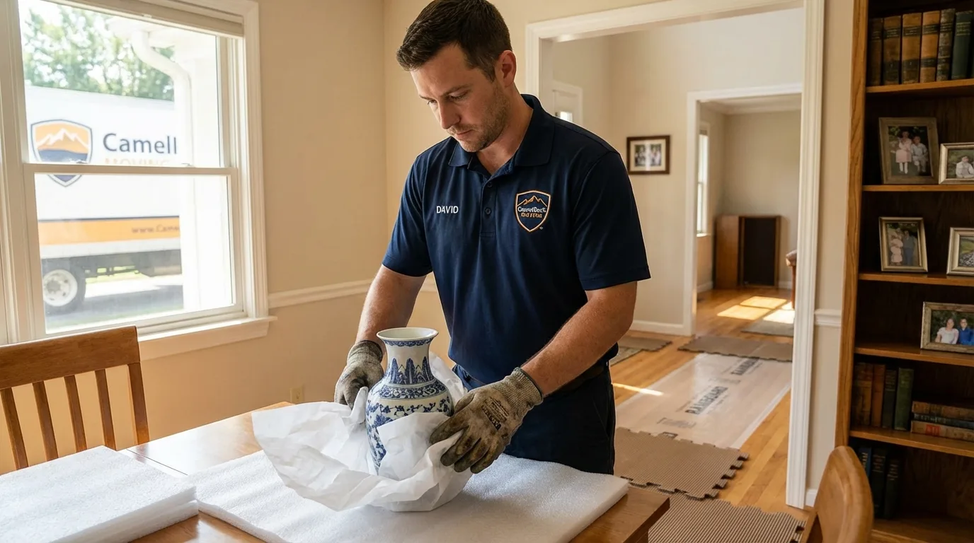 Professional crew carefully wrapping antique vase for senior downsizing move in Brentwood, NY