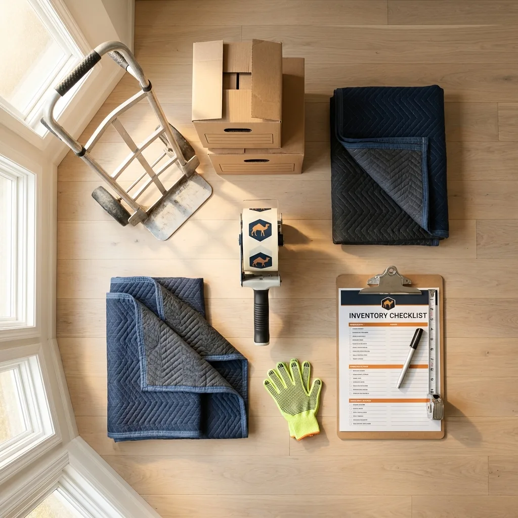 Professional moving supplies and packing materials layout for Brentwood residential relocations